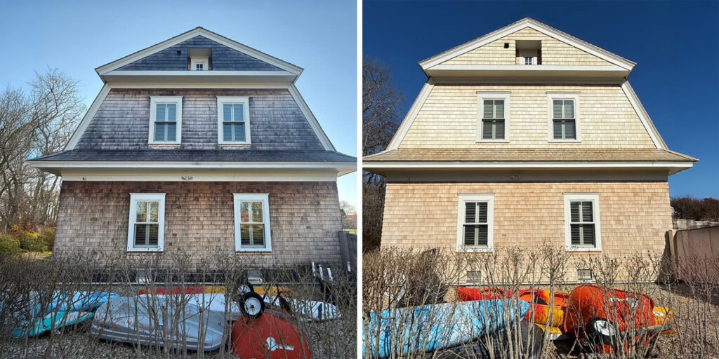 Before and after professional pressure washing of a home exterior and driveway showing dramatic curb appeal improvement
